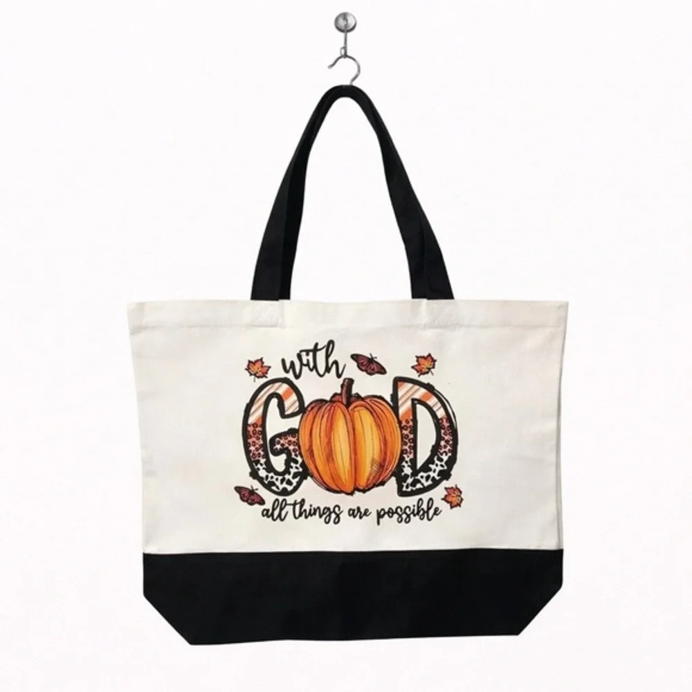 “With God All Things Are Possible” / Fall Canvas Tote Bag - Fall/Autumn Design